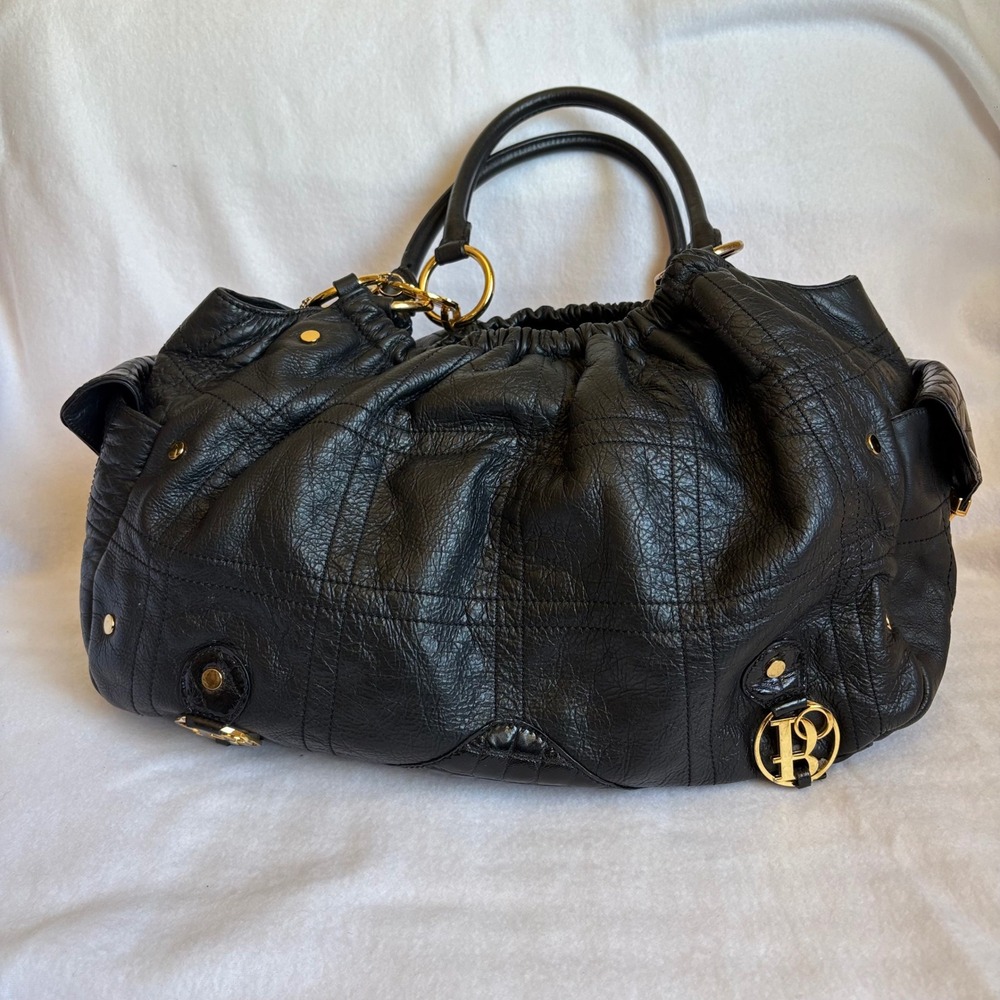 Bolzano Black Pebbled Leather Satchel Bag Gold Hardware Croc Trim Shoulder Bag